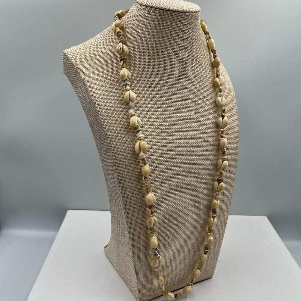 Vintage Off White Cowrie Shell Strand Necklace Long Hawaiian Beach Boho Tropical